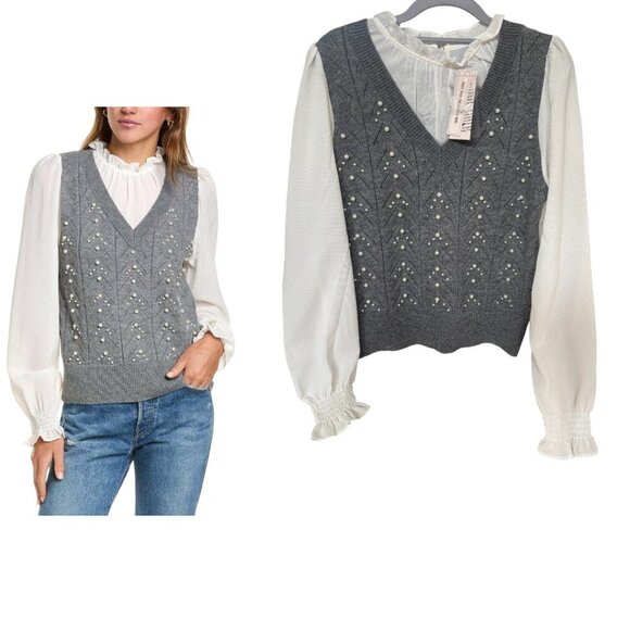 Nanette Lepore PEARL EMBELLISHED RUFFLE COQUETTE STYLE SWEATER TOP SMALL NWT - Picture 2 of 6